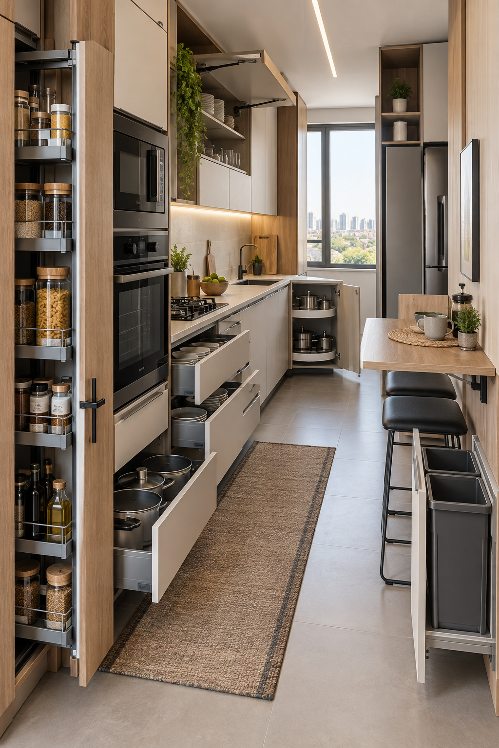 Cozinha planejada compacta com despensa extraível, gavetões e módulo de canto