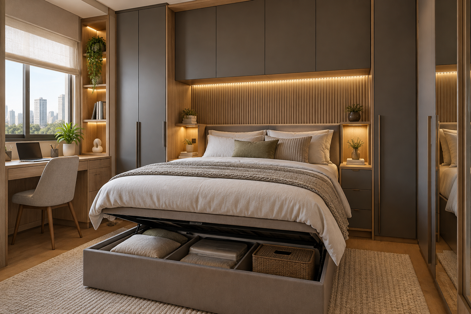 Quarto planejado com armários até o teto, bancada e cama com armazenamento
